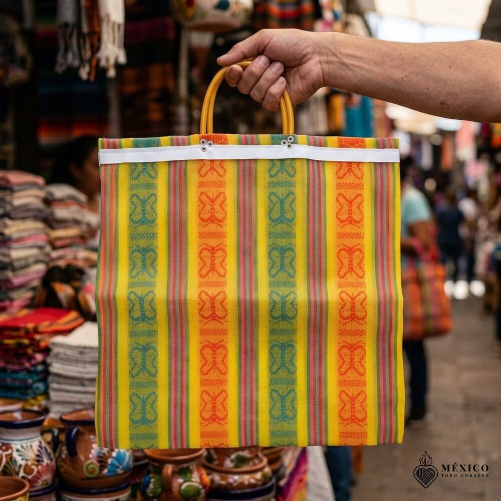 Traditional Mexican Mercado Tote Bag – Colorful Reusable Plastic Market Bag